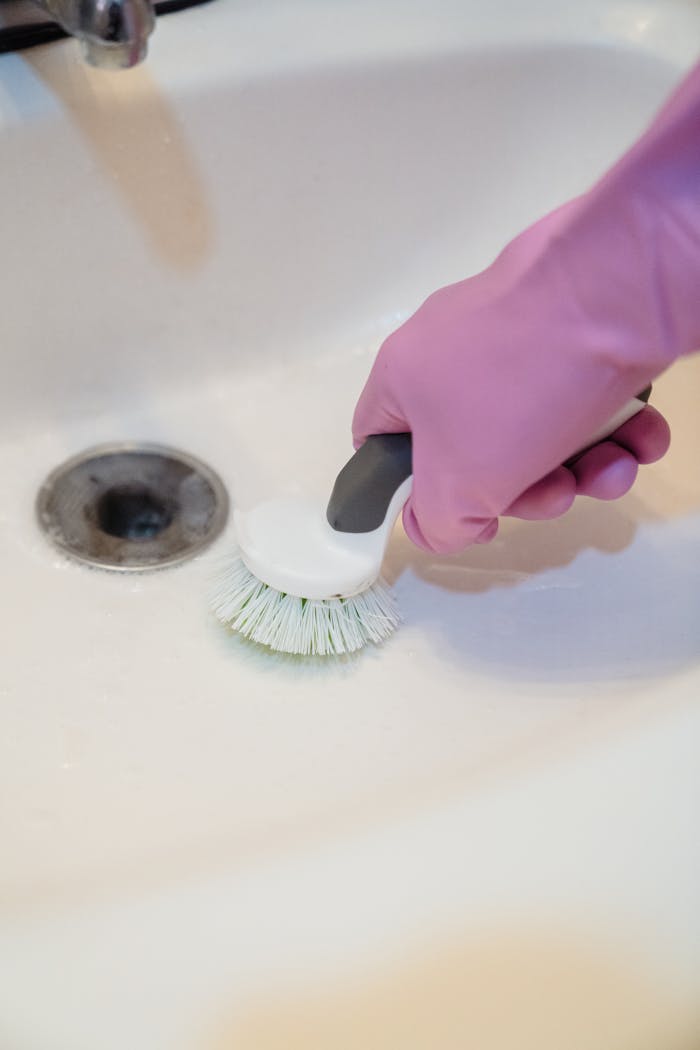 about-02 A close-up of a hand in a glove cleaning a sink with a scrub brush.
