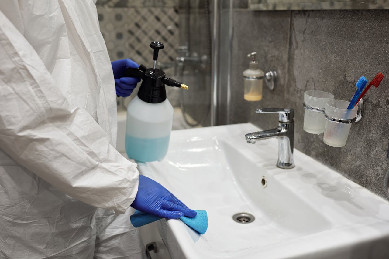 hero-01 A person sanitizing a bathroom sink with a spray bottle, ensuring hygiene.
